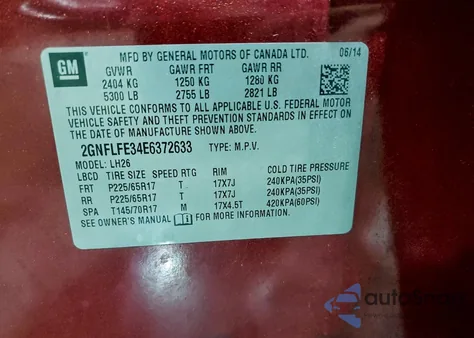 2014 Chevrolet Equinox Lt from USA, damaged, VIN 2GNFLFE34E6372633